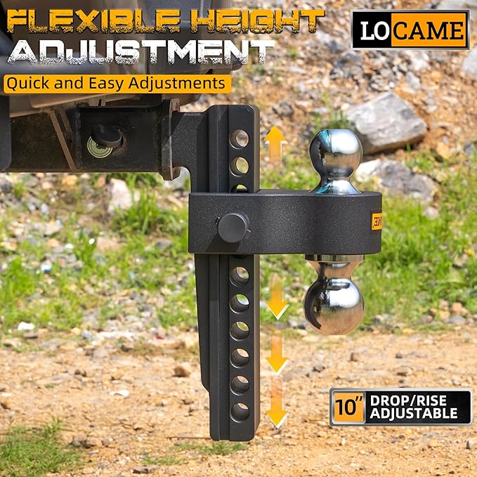 LOCAME Adjustable Trailer Hitch, Fits 2-Inch Receiver Only, 10-Inch Drop/Rise Aluminum Drop Hitch,12,500 LBS GTW-Tow Hitch for Heavy Duty Truck with Double Stainless Steel Locks, Black, LC0023