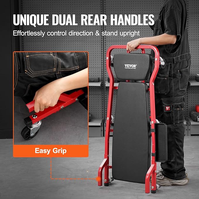 VEVOR Mechanic Garage Creeper, 44-Inch, 300 lbs Capacity Automotive Rolling Creeper with 6 Casters Adjustable Cushioned Headrest Tool Tray, Heavy Duty Steel Frame for Garages, Repair Shops, and DIY