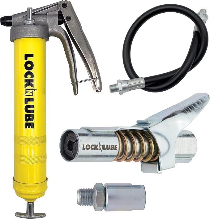 LockNLube Premium Pistol-Grip Grease Gun. Includes our patented LockNLube® Grease Coupler (locks on, stays on, won't leak!) plus a high-quality 20" hose and in-line hose swivel.