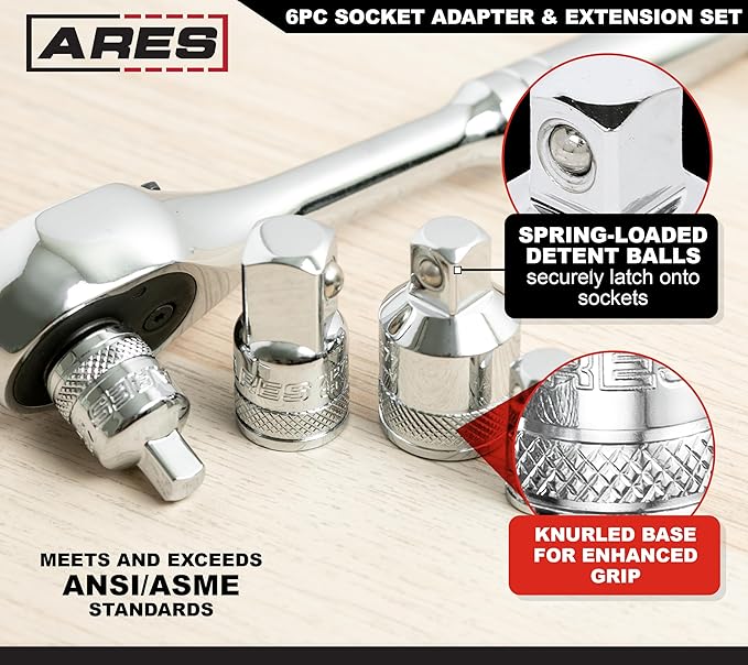 ARES 36016 – 6-Piece Socket Adapter and Extension Set – 1/4-Inch, 3/8-Inch, and 1/2-Inch Socket Adapters and Reducers – Includes 3-Inch Long Extensions for Superior Reach