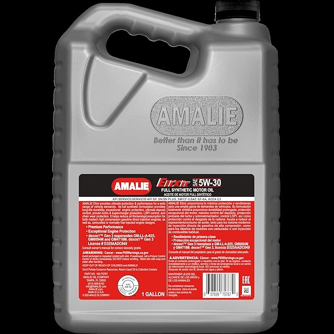 AMALIE Elixir Full Synthetic 5W-30 DEXOS1 Motor Oil (160-75767-36) 1 Gallon Bottle, Pack of 4 | Made in USA