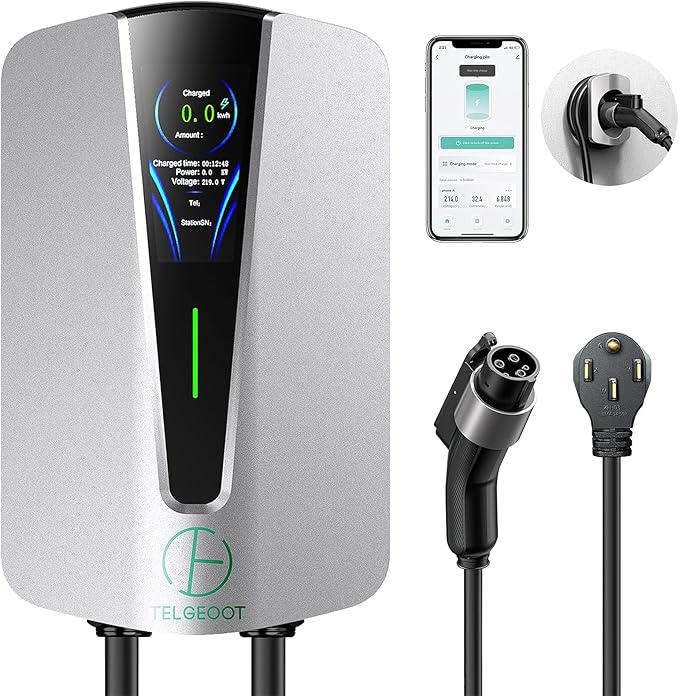Level 2 EV Charger 48Amp, Indoor/Outdoor Electric Car Charger EVSE SAE J1772, NEMA 14-50 Plug, 25ft Cable, Start Charge Timer, WiFi Enabled
