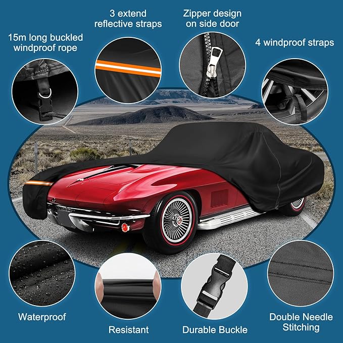 Waterproof Car Covers for Corvette C1 C2 1953-1967, Heavy Duty Car Covers for Automobiles Outdoor Full Cover Rain Sun UV Protection with Door Zipper and Straps for 1962-1967 Corvette C2