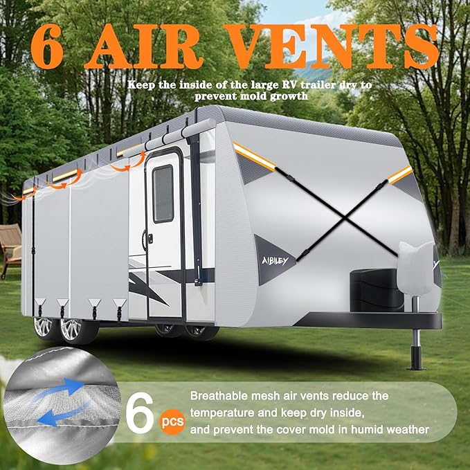 RV Cover 30-33FT Travel Trailer and Camper Covers,Durable Tearproof Oxford Polyester Fabric for Waterproof,Cold and UV Resistant,Air Vent,Side Zipper,Reflective Strip,Windproof Buckles-Aibiley