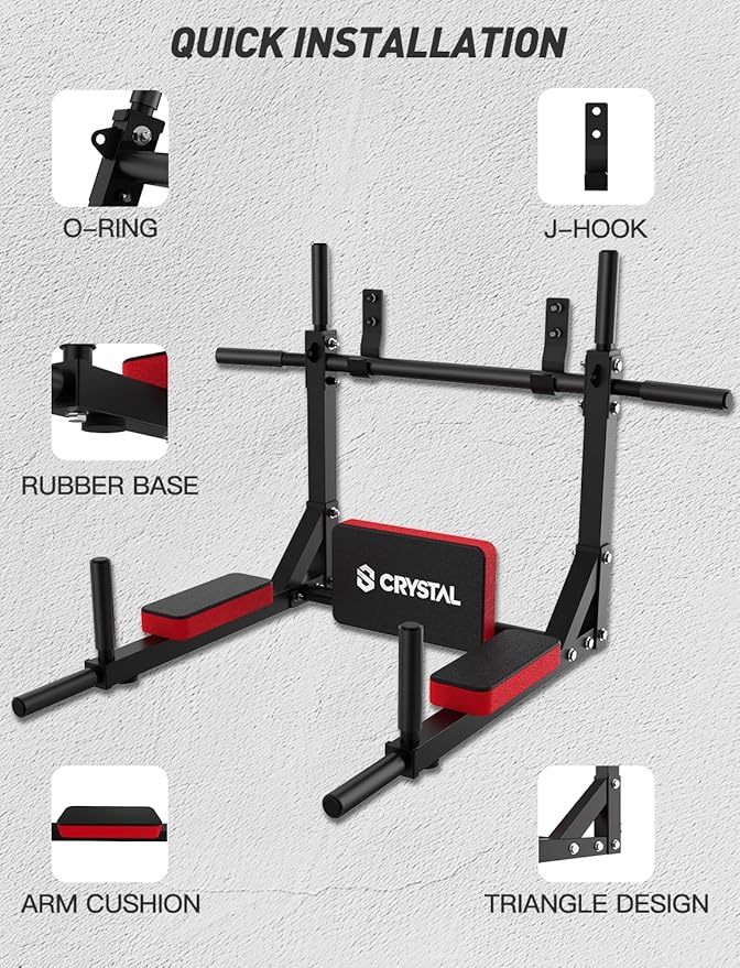 CRYSTAL FIT Multifunctional Wall Mounted Pull Up Bar, Chin Up Bar and Dip Station, Heavy Duty Steel Supports to 440 Lbs, Home Gym Workout Indoor Power Tower Set Training Equipment Fitness