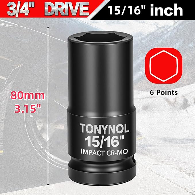 3/4" Inch Drive Deep Impact Socket,6-Point,SAE Size 15/16",80mmL,CR-MO,Heavy-Duty Automotive & Industrial Repair