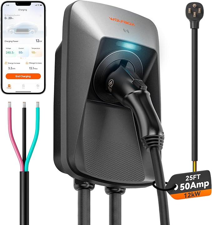 WOLFBOX Level 2 EV Charger 50 Amp J1772,Hardwired EV Charger Level 2 with NEMA 14-50 Plug 25ft Cable,Indoor/Outdoor,Smart APP&RFID Card Control,240V Electric Car Charger for Electric Automobile(WE50)