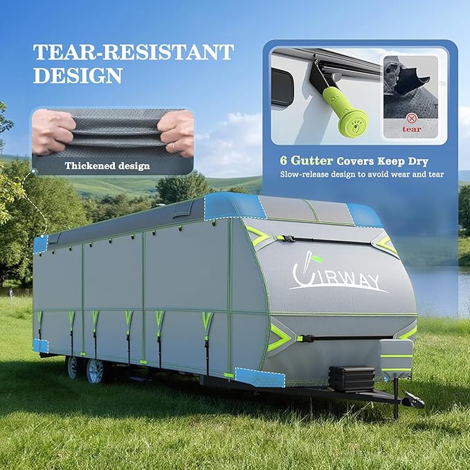 UIRWAY RV Cover 27-30ft Travel Trailer, Upgraded 7-Layers Camper Cover, Waterproof Rip-Stop Travel Trailer Cover with 4 Tire Covers, Tongue Jack Cover, Gutter Covers, Repair Patches, Windproof Straps