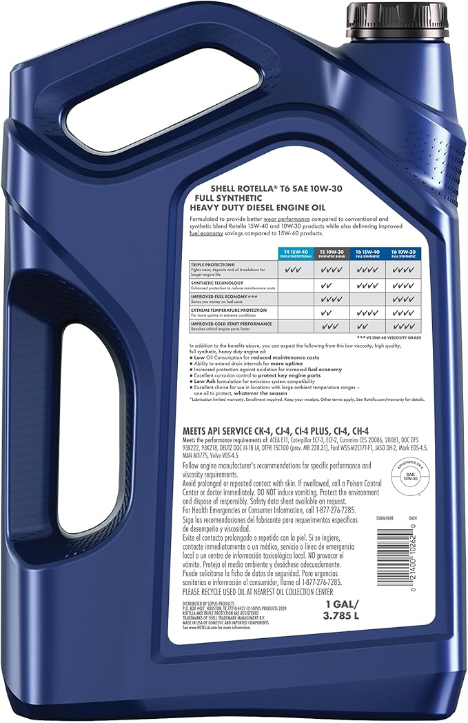 Shell Rotella T6 Full Synthetic 10W-30 Motor Oil, 1 Gallon (3 Pack)