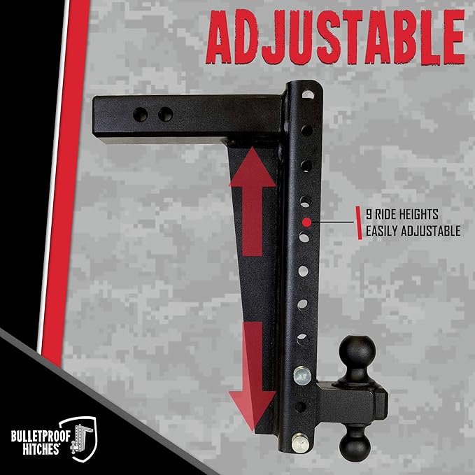 BulletProof Hitches - 2.5" Adjustable Heavy Duty Trailer Hitch (22,000 lb. Rating) - 16" Drop/Rise Trailer Hitch with 2" & 2-5/16" Dual Ball - Powder Coat, Solid Steel, Corrosion-Resistant