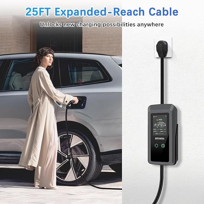 Portable Level 1&2 EV Charger, 40 A, 110V-240V, NEMA14-50 Plugand NEMA 5-15 Adapter, 25ft Cable, Adjustable Current, Delay Timer, Compatible with All J1772 Electric Cars(Tesla Need Adapter)