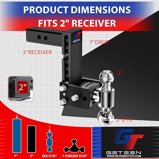 Geteen Trailer Hitches, Adjustable Trailer Hitch Ball Mount - Fits 2.0" Receiver, Dual Ball (2" x 2-5/16"), 7" Drop, 10,000 GTW - GT20072B