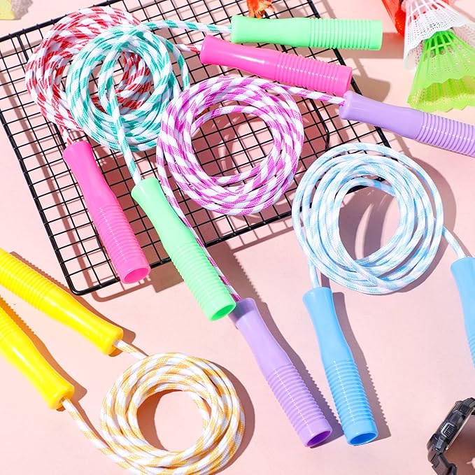Aoriher Jump Rope for Kids Stripe Ropes with Plastic Handles 8.2 Feet Nylon Adjustable Weighted Braided Fitness Skipping Jump Rope for Outdoor Exercise Sport Party Equipment, Assorted Colors