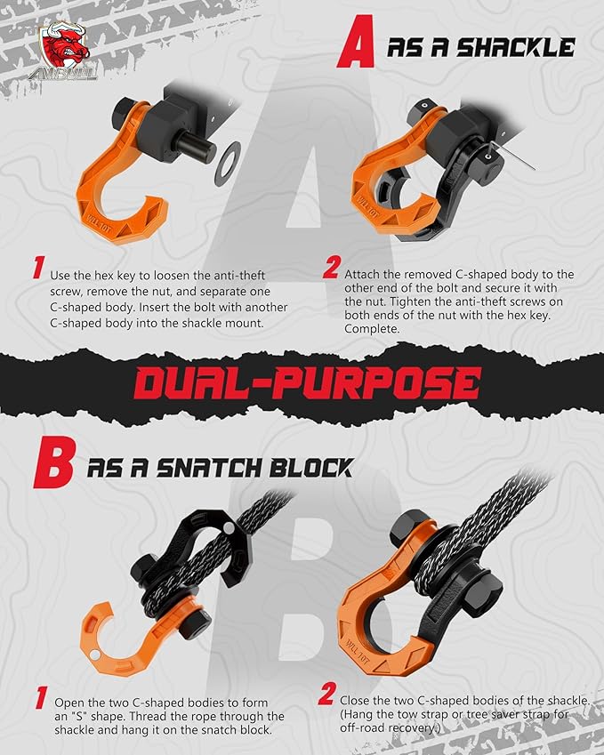D Ring Separate Shackle with Snatch Block, 3/4" Shackles w/Snatch Block Pulley, Heavy Duty Shackle for Towing Winch, Pulley for Off-Road Vehicle Recovery, Truck, ATV, UTV, BlackOrange