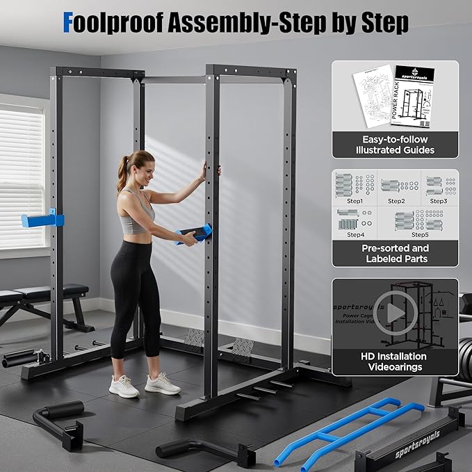Sportsroyals Power Cage,1600lbs Multi-Function Power Rack with Adjustable Cable Crossover System and More Training Attachment, Weight Cage for Home Gym