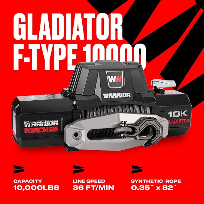 Warrior Winches Gladiator 10000lbs 12v Electric Winch with Wired/Wireless Remote with Synthetic Rope, Perfect for Trucks, Trailers, Offroad, 4X4, SUVs, Waterproof IP68 Winch with Hawse Fairlead