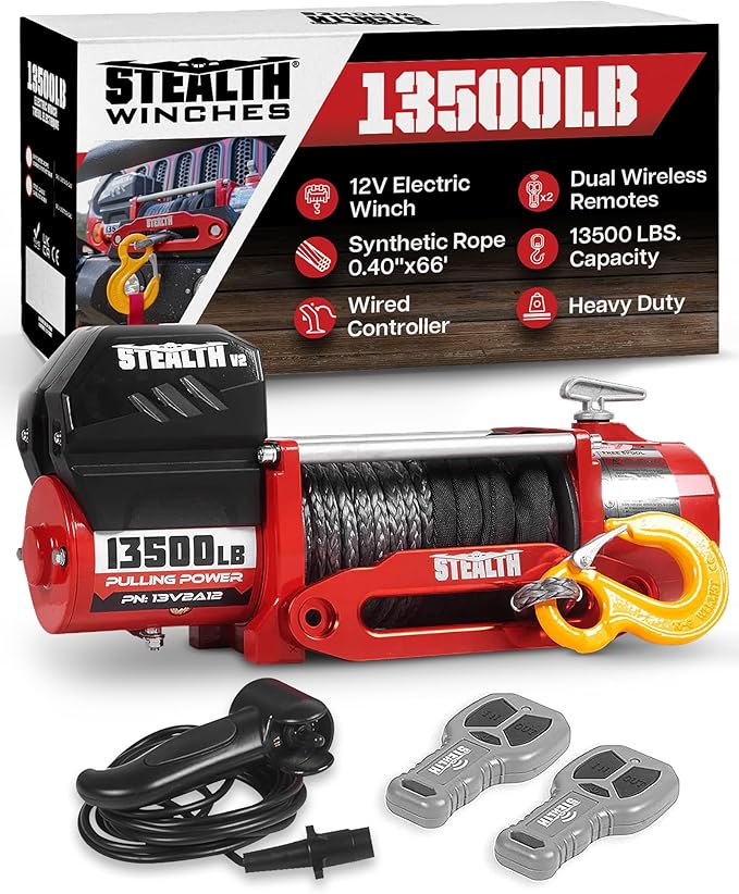 Stealth Winches 13500lb Truck Winch,12-Volt Electric Winch with 2 Wireless remotes and Synthetic Rope, 4x4, Perfect for Off-Road SUV Towing Trailer Winch, Weatherproof, with Hawse Fairlead Heavy Duty