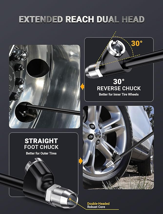 13'' Dual Head Air Chuck Set, Heavy Duty Extended Reach Tire Chuck w/Quick Plug for Semi Tire Inflation, 1/4" FNPT Straight Lock On Tire Inflate Chuck for Air Compressor Semi Truck RV Dually Tires