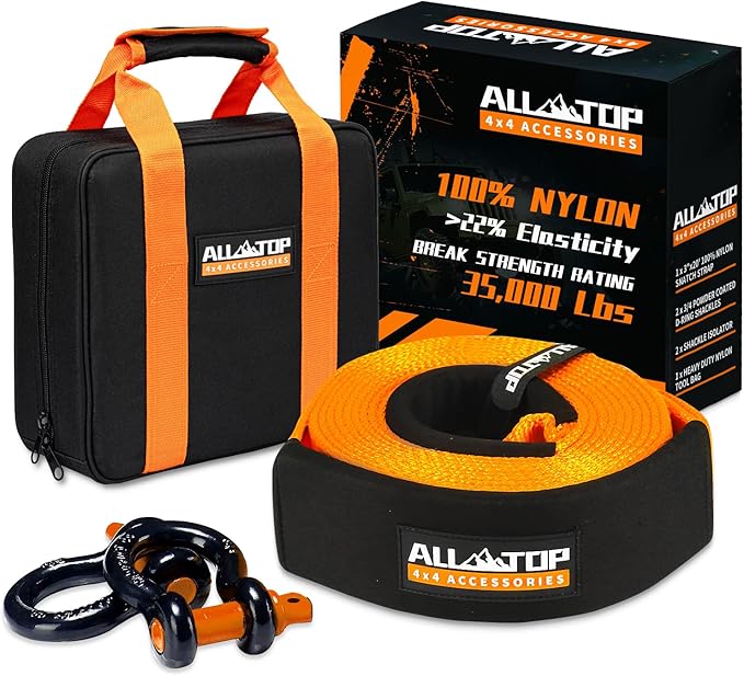 ALL-TOP Heavy Duty Tow Strap Recovery Kit: 3 inch x 20ft (35,000lbs) 100% Nylon and 22% Elongation Snatch Strap + 3/4 Heavy Duty D Ring Shackles (2pcs) + Storage Bag