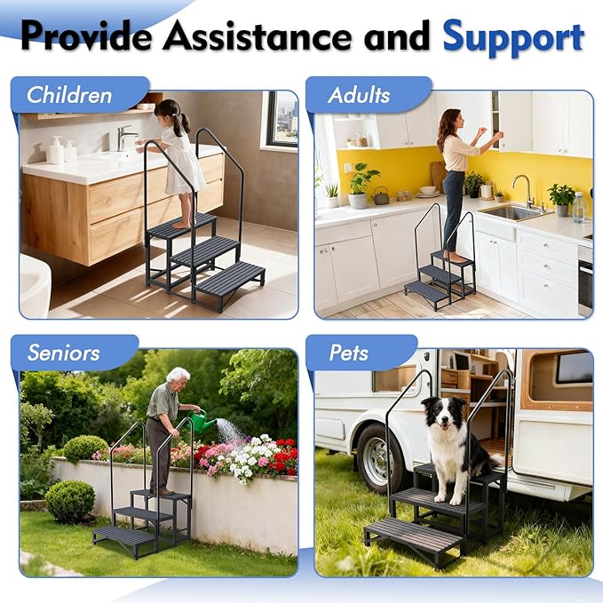 3-Step RV Steps with Dual Handrails, Heavy-Duty Mobile Home Steps, RV Stairs for Camper, Hot Tub, Trailer & Porch with Non-Slip Mats