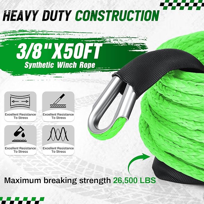 Green Synthetic Winch Rope 3/8'' x 50ft 26, 500 Lbs Synthetic Winch Line Cable Rope with Protective Sleeve for Off Road Vehicle 4WD SUV Truck ATV UTV SUV