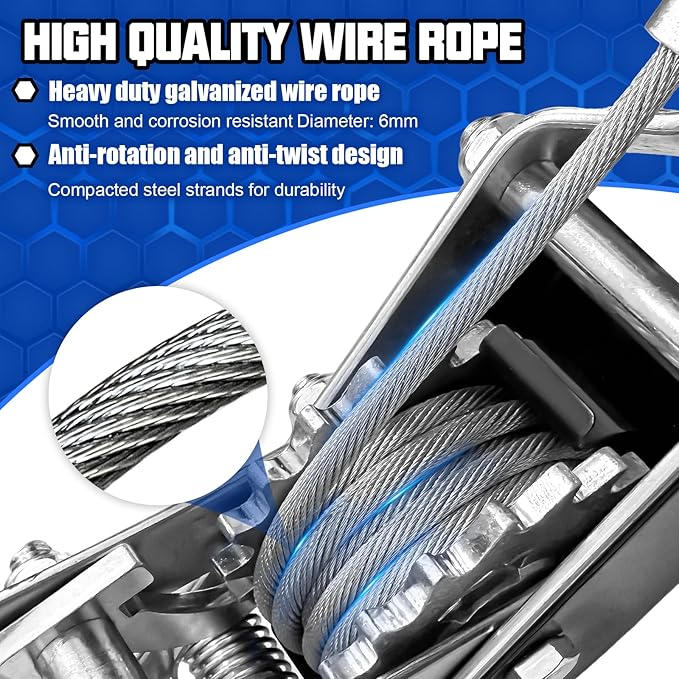 5-Ton Come Along Winch Heavy Duty 11.5ft Steel Cable Come Along Cable Puller with 3 Hooks Dual-Gear Come Along Tool for Vehicle Rescue & Automotive Hoisting