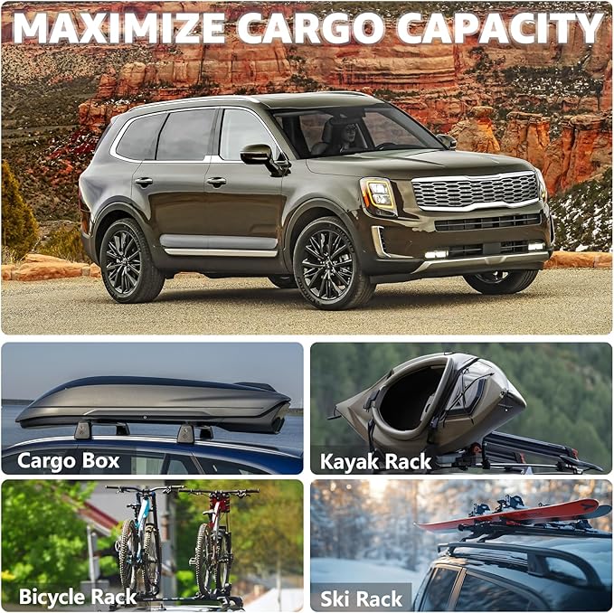 Roof Rack Cross Bars Compatible with Kia Telluride S SX SX-Prestige EX 2019-2025 (Except X-Line&X-Pro), Adjustable Aluminum 300 LBS Anti-Theft Lock Cargo Carrier Crossbar for Bike, Snowboard, Luggage