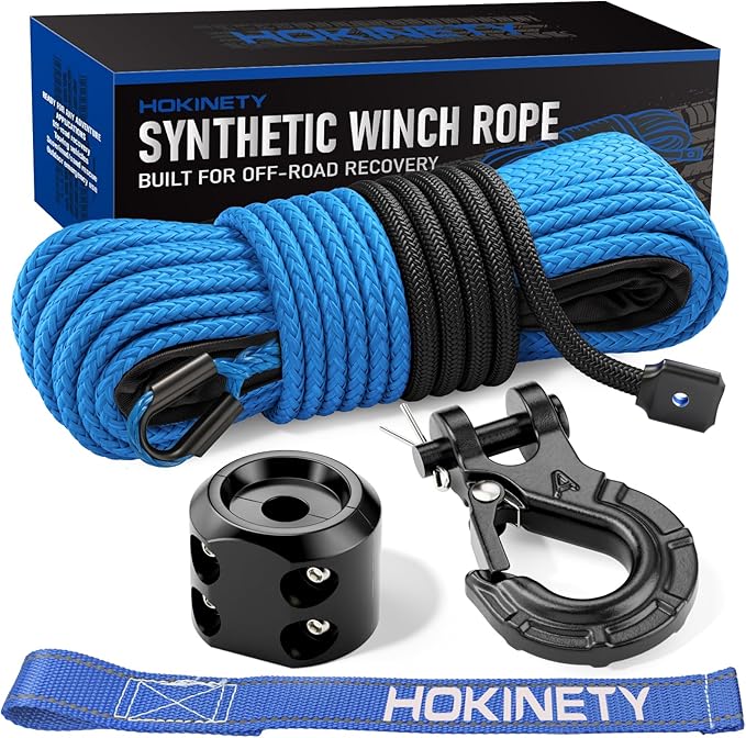 Synthetic Winch Rope Kit - 1/4" x 50' 10000 lbs Synthetic Winch Cable for ATV UTV Off-Road Vehicles with Forged Hook, Rubber Stopper, Protective Sleeve and Safety Pull Strap - Blue