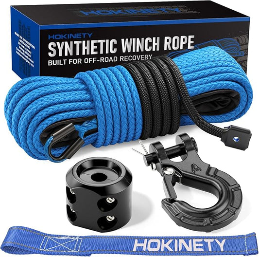 Synthetic Winch Rope Kit - 1/4" x 50' 10000 lbs Synthetic Winch Cable for ATV UTV Off-Road Vehicles with Forged Hook, Rubber Stopper, Protective Sleeve and Safety Pull Strap - Blue