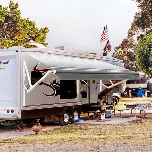Awnlux White Motorized Modular Retractable RV Awning Full Set Assemblies for RV, 5th Wheel, Travel Trailers, Toy Haulers, and Motorhome-RV Trailer Awning for Home or Camper-10x8 Ft-Black Strip-