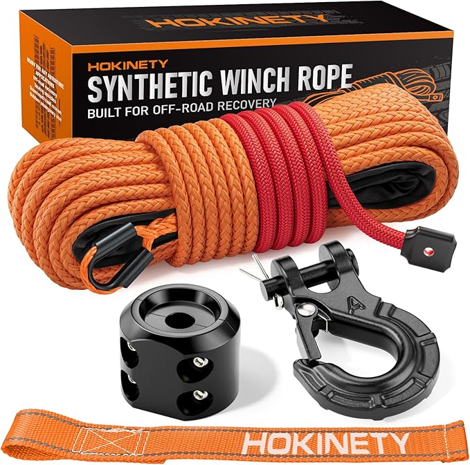 Synthetic Winch Rope Kit - 1/4" x 50' 10000 lbs Synthetic Winch Cable for ATV UTV Off-Road Vehicles with Forged Hook, Rubber Stopper, Protective Sleeve and Safety Pull Strap - Orange
