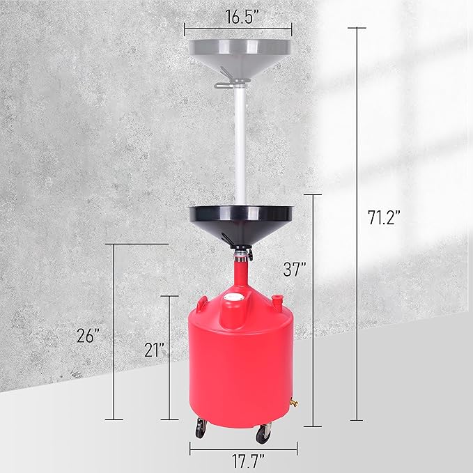 Aain A46A 18 Gallon Industrial Waste Oil Drain Tank,Oil Changing,Portable Waste Oil Change Tank With Wheels and Adjustable funnel height for car, Funnel Drain, Red