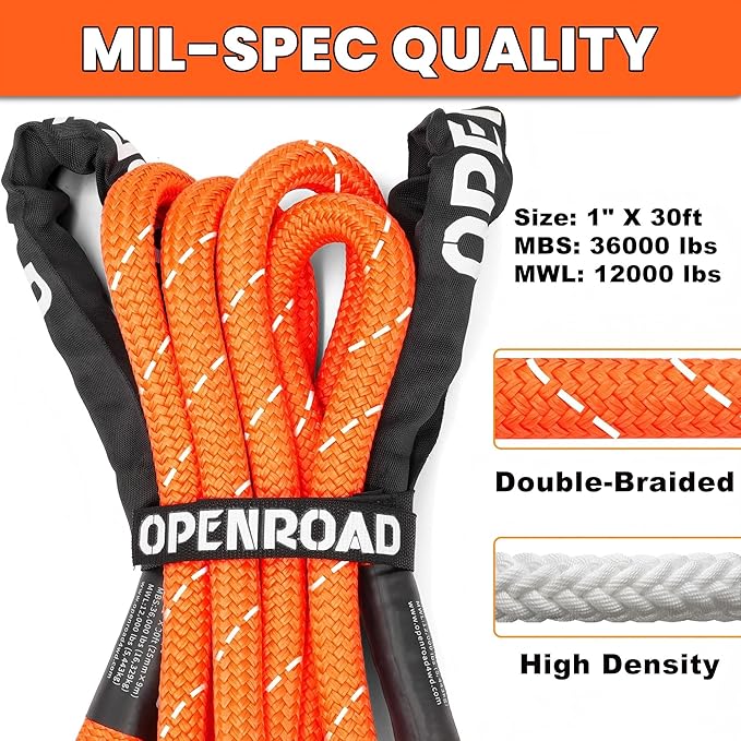 OPENROAD Kinetic Recovery Tow Rope, 36000 Lbs (1in x 30ft Orange with Soft Shackle) Extreme Duty 35% Elasticity Energy Offroad Snatch Strap, Vehicle Recovery Kit for Jeep Car Truck ATV UTV SUV