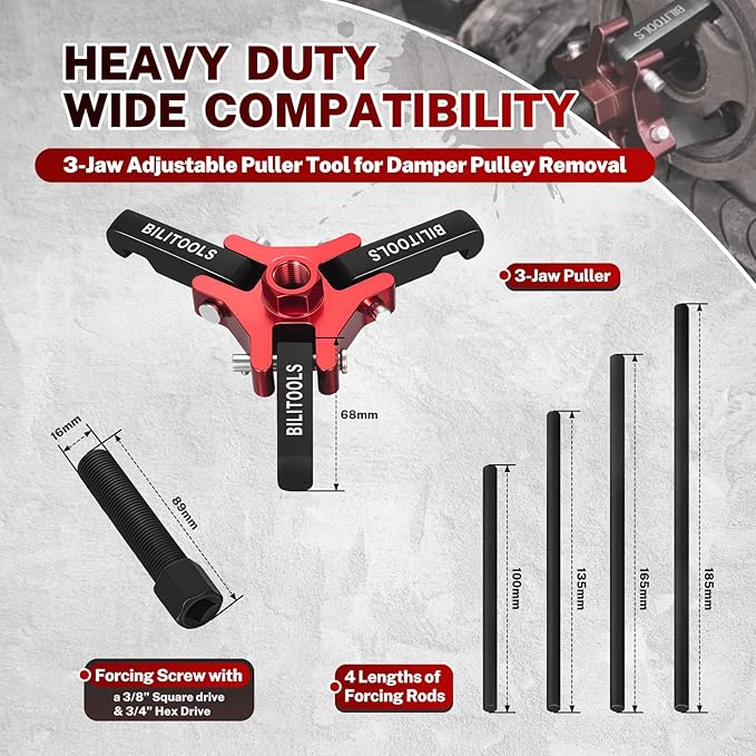 BILITOOLS Harmonic Balancer Puller Set, Upgraded 3-Jaw Pulley Puller with Holding Tool for Removing Harmonic Damper Balancers Compatible with Chevy, GM, Chrysler, Ford etc.