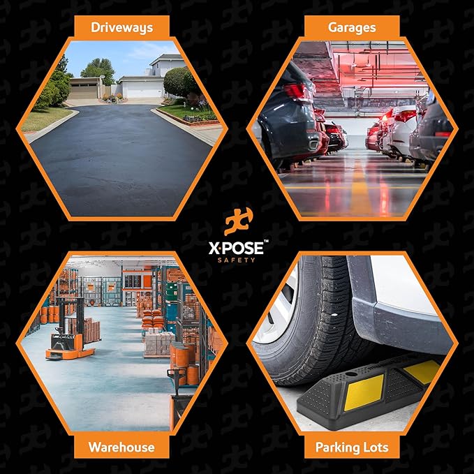 Xpose Safety 22" Heavy Duty Rubber Parking Stopper – Bulk 1 Full Pallet 100 Pack Wheel Blocks for Garage, Driveway, or Ramp – Car Bumper Stop with Yellow Reflective Strips – Removable Floor Mount
