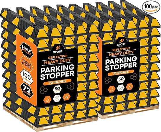 Xpose Safety 72" Heavy Duty Rubber Parking Stopper – Bulk 2 Full Pallets 100 Pack Wheel Blocks for Garage, Driveway, or Ramp – Car Bumper Stop with Yellow Reflective Strips – Removable Floor Mount