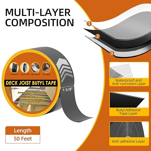 1-5/8" x 50' Deck Joist Tape, 8 Pack Waterproof Seal Butyl Deck Tape, Weather Resistance Self-Adhesive Joist Tape for Decking Wood Joists and Beams