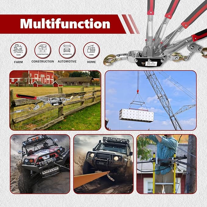 Come Along Winch,4T Capacity with 10FT Steel Cable,Heavy Duty Ratchet Power Puller Tool with Dual Gears,3 Hooks,Hand Winch Tool for Road Vehicle Recovery and Pulling Tree