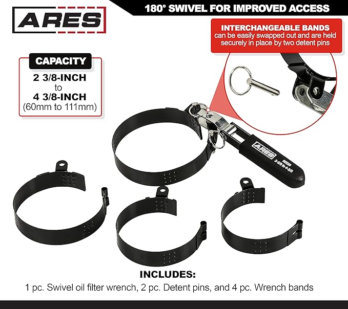 ARES 56039 – 4-in-1 Swivel Oil Filter Wrench – 2 3/8-Inch to 4 3/8-Inch (60mm to 111mm) Capacity – 180-Degree Swivel for Improved Access – Automatically Tightens on Filter