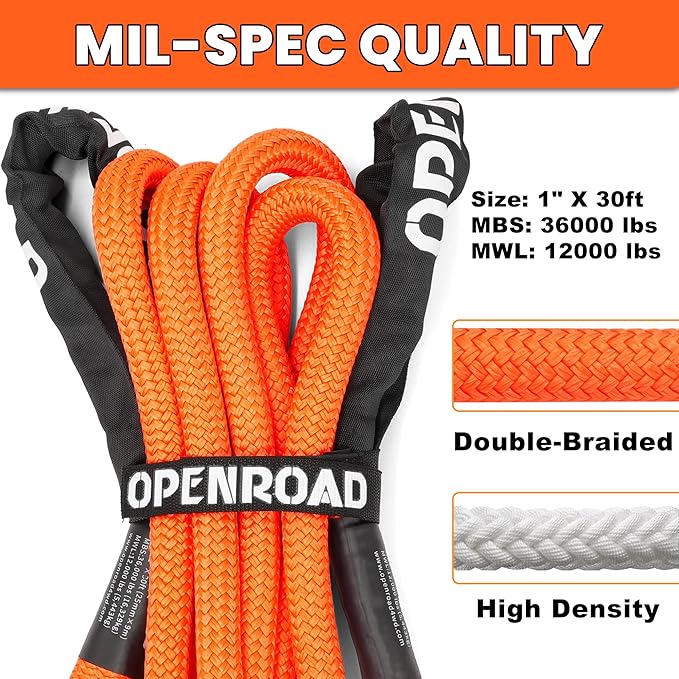 OPENROAD 1" x30ft Kinetic Recovery Rope Heavy Duty Offroad Tow Strap, 35% Elasticity Snatch Rope for Jeep, Truck, ATV, UTV - Orange (Includes Storage Bag)