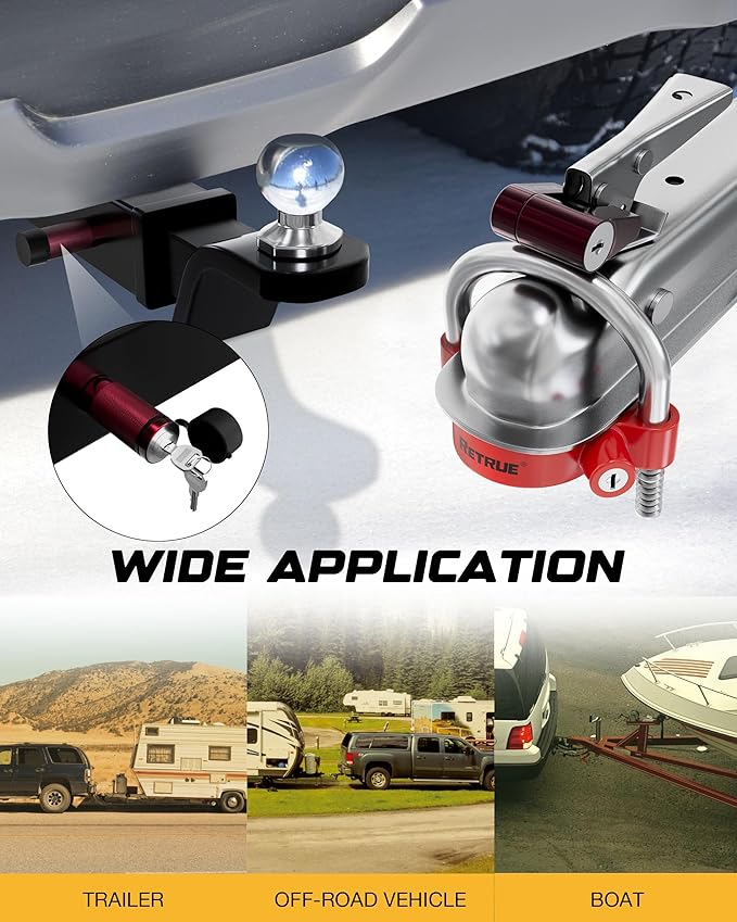 RETRUE Keyed Alike Trailer Lock Set Tow & Store Lock Kit Include Universal Coupler Lock & Dual Hitch Receiver Pin Lock & Trailer Tongue Lock, Red