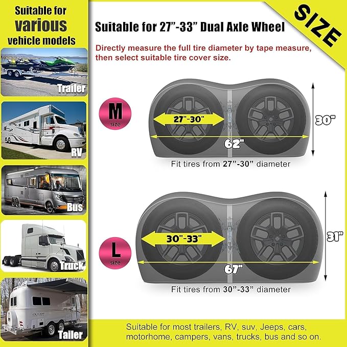 Rosefray RV Tire Covers, Dual Axle Wheel Cover (2 Pack) Fits 27"-30"/30”-33” Diameter Tires, Waterproof Anti-UV Black Dual Tire Covers RV Accessories for Truck/Trailer/Black