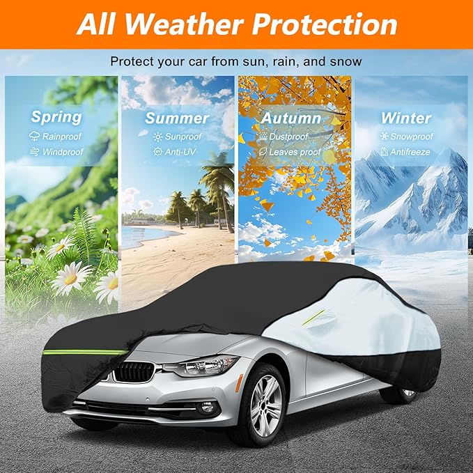 Universal Sedan Car Cover Fit for Mercedes-Benz C-Class, BMW 3 Series, Audi A3,Waterproof All Weather Heavy Duty Anti-UV Windproof Snow Protection - 177''~185''(L)