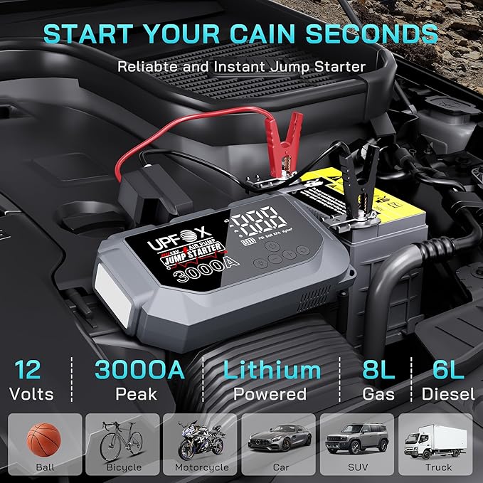3000A Jump Starter with Air Compressor 12V – Portable Car Jump Starter for 8.0L Gas & 6.0L Diesel Engines, 150PSI Tire Inflator with LED Display, Emergency Jump Box with 3 Light Modes & Jumper Cables