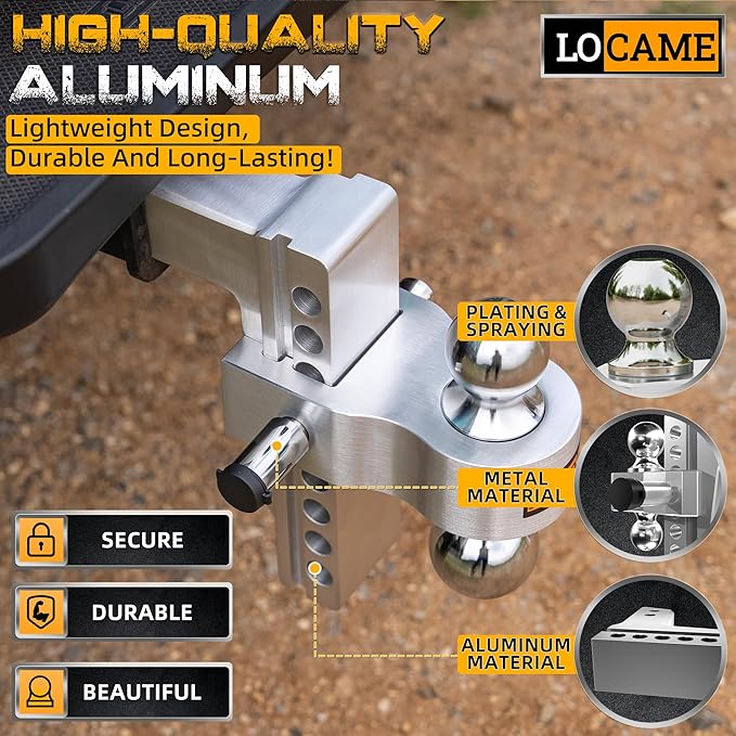 LOCAME Adjustable Trailer Hitch, Fits 2-Inch Receiver, 8-Inch Drop/Rise Aluminum Drop Hitch, 12,500 LBS GTW-Tow Hitch for Heavy Duty Truck with Double Stainless Steel Locks, Silver, LC0004