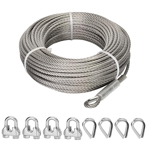1/2" Stainless Steel Cable 25FT, 7x19 Strands Wire Rope, 23000 lbs Breaking Strength, Stainless Steel Wire Rope with M12 Clips Clamp and Thimbles for Dock, Boat Lift Cable, Winch Cable