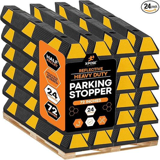 Xpose Safety 72" Heavy Duty Rubber Parking Stopper – Bulk Half Pallet 24 Pack Wheel Blocks for Garage, Driveway, or Ramp – Car Bumper Stop with Yellow Reflective Strips – Removable Floor Mount