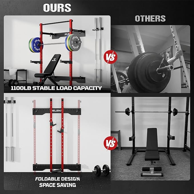 Folding Squat Rack, Wall Mounted Power Rack for Home Gym, Space Saving Multi-Functional Power Cage with Attachments