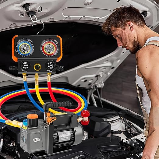 R1234yf AC Vacuum Pump and Gauge Set,4.5CFM Vacuum Pump Manifold Gauge Kit for Auto HVAC Compatible with R1234yf,R404a,R134a,Includes Leak Detector,R1234yf Can Tap,Quick Coupler Adapters