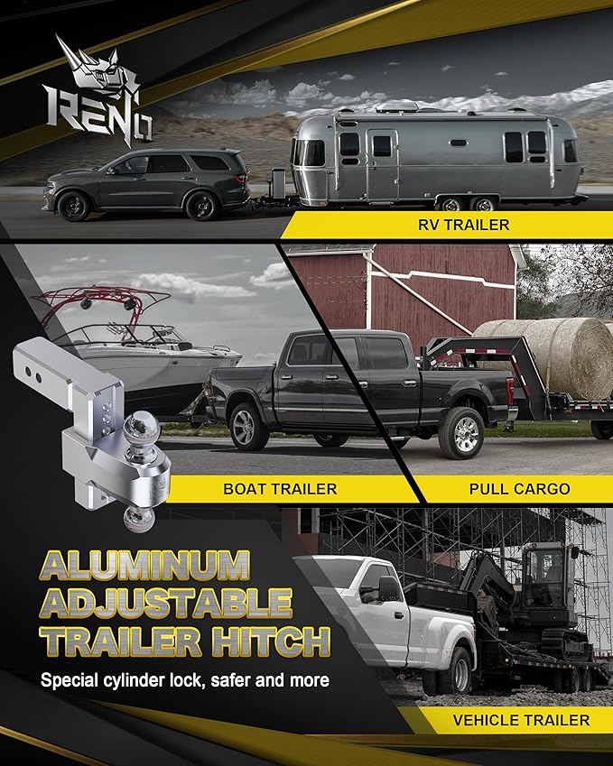 RENO Adjustable Trailer Hitch, Fits 2.5 inch Receiver Hitch 8" Rise/Drop Tow Hitch, Heavy Duty 2" & 2-5/16" Ball Hitches with 18,500 LBS GTW (1 Pack, Aluminum)